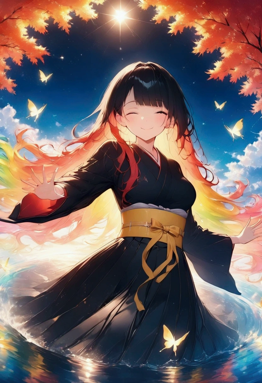 A woman winking,Rainbow Hair,Long Hair,Black kimono,Shoulder,Yellow belt,samurai　Yellow butterfly,night,shoulder,old,garden,water surface　dance,Japanese sword,Swing down　moon,star,Draw your sword,autumn