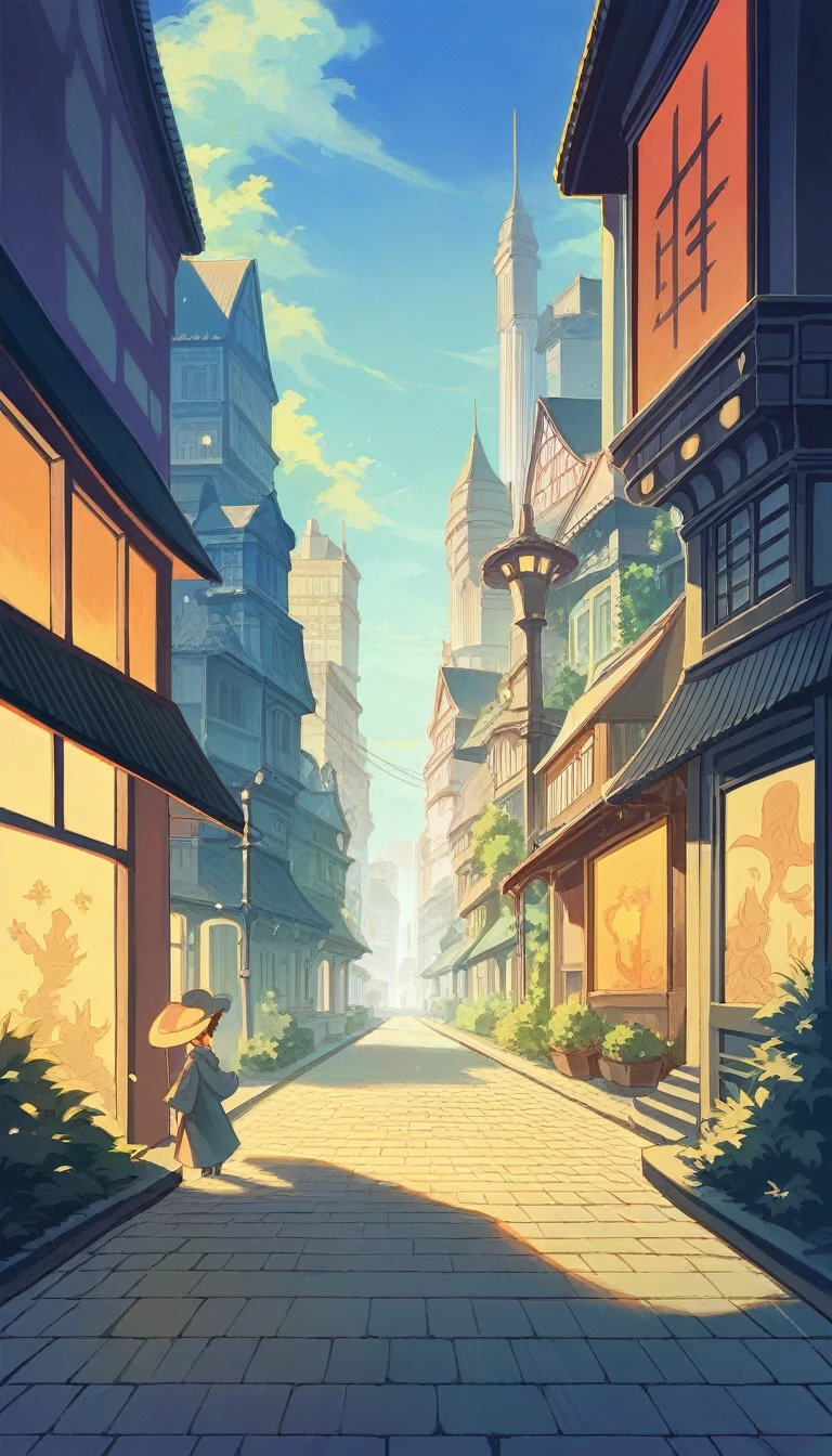 A charming European town street in the style of Studio Ghibli, colorful buildings with intricate details, cobblestone road, magical atmosphere, soft lighting, warm color palette, hand-drawn aesthetic, whimsical architectural elements high resolution, High detail, anime, 