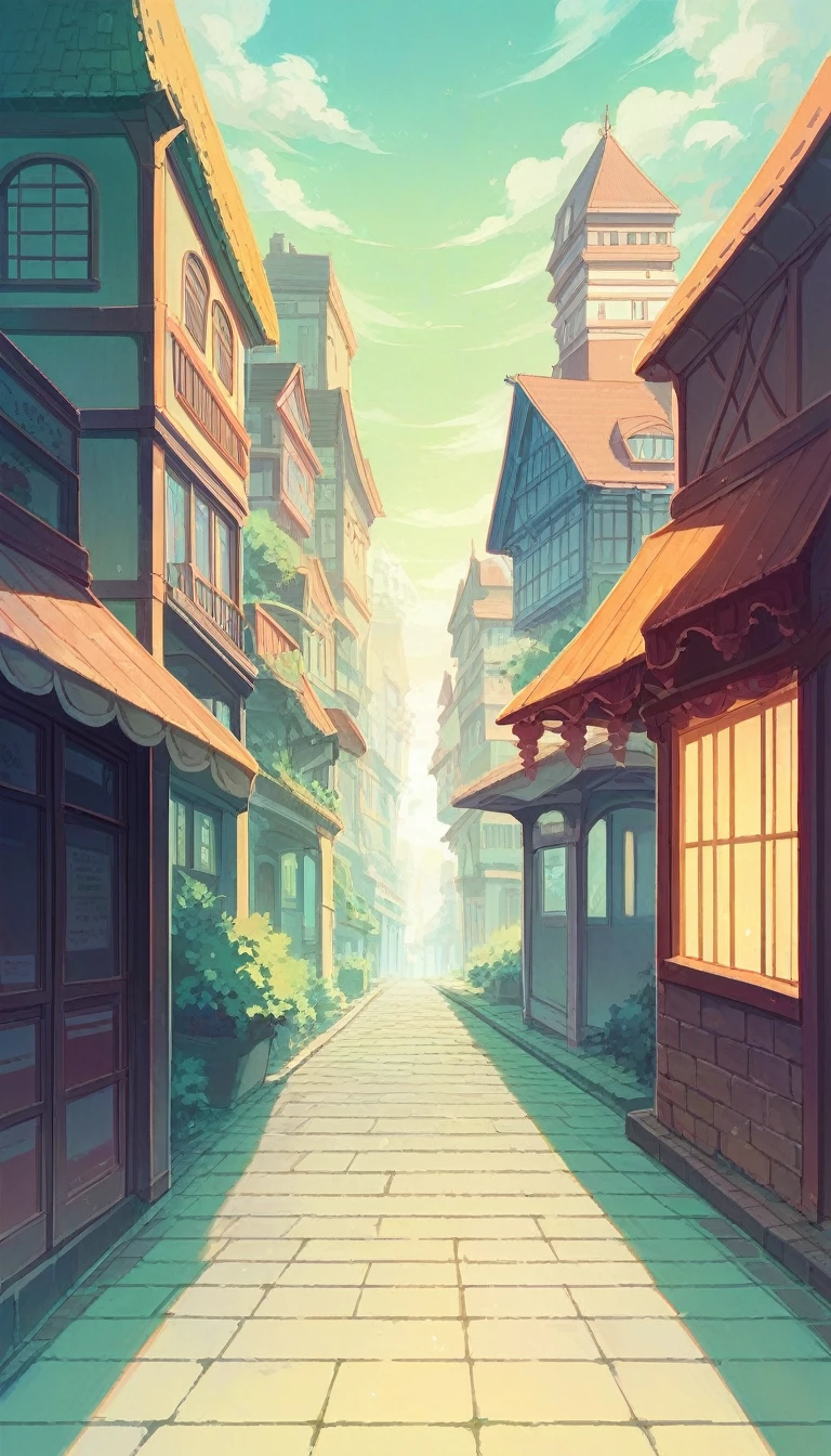 A charming European town street in the style of Studio Ghibli, colorful buildings with intricate details, cobblestone road, magical atmosphere, soft lighting, warm color palette, hand-drawn aesthetic, whimsical architectural elements high resolution, High detail, anime, 