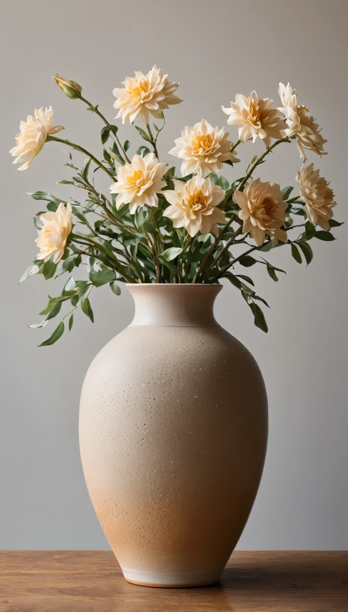 a beautiful simple ceramic vase, detailed realistic flowers, high quality, photorealistic, intricate details, warm lighting, natural colors, still life, fine art, minimalist, elegant, serene, inviting