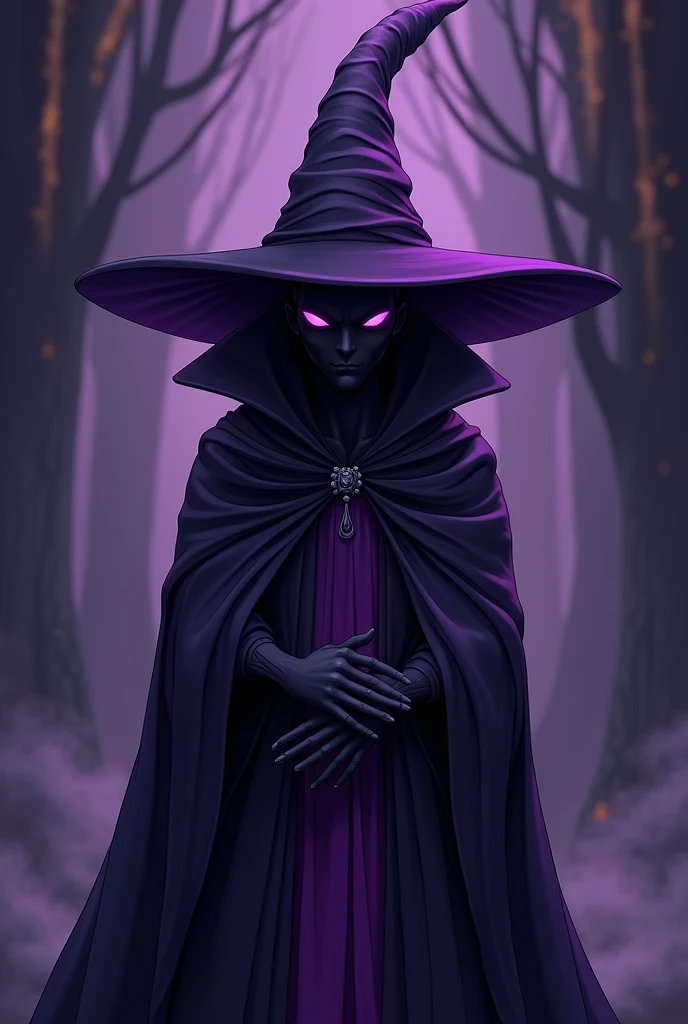 Black mage, No Mouth, Completely pitch black skin, Purple blank eyes, Purple and Black Attire, Male, Black Mage, Cartoony, Wizard Hat, No Nose, 
