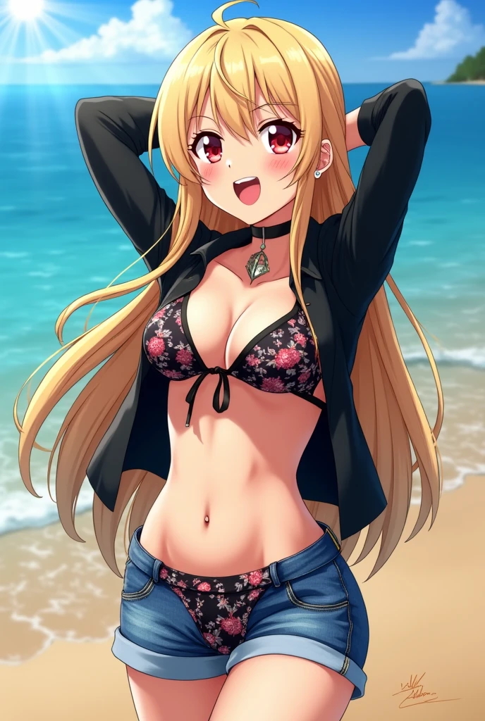 A detailed portrait of a girl named Kitagawa Marin, with very intricate facial features, wearing a black bikini with a floral print. Her long blonde hair cascades naturally down her shoulders as she stands solo on a hot beach. The outfit includes denim shorts and a lifted black shirt, revealing her toned stomach and beach-ready attire. She playfully lifts and ties the bikini bottom, with an open fly and a black choker adorning her neck. Marin accessorizes with piercings, jewelry, and earrings, her red eyes reflecting the vibrant blue sky above. As she stands with her arms up behind her head, the colorful hair gradient and slight blush on her cheeks add to her captivating appearance. The scene captures her in a cowboy shot pose, showcasing her medium-sized breasts and cleavage with a sense of playful confidence. Light filters beautifully through the water behind her, illuminating the entire setting in perfect detail, creating a flawless and visually striking image without any imperfections.