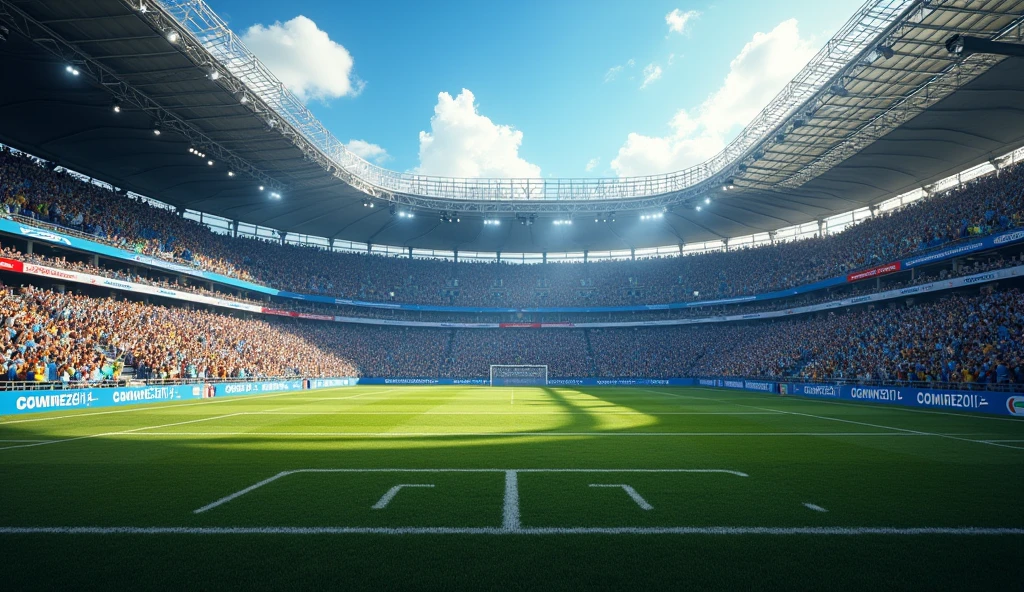 beautiful football stadium bleachers,argentinos e brazilian football fans,cheering crowd,exciting sports event,dynamic atmosphere,vibrant colors,dramatic lighting,realistic 3d rendering,4k,8k,highres,masterpiece,ultra-detailed,realistic,photorealistic,photo-realistic,HDR,UHD,studio lighting,ultra-fine painting,sharp focus,physically-based rendering,extreme detail description,professional,vivid colors,bokeh,hyper-realistic sports photography
