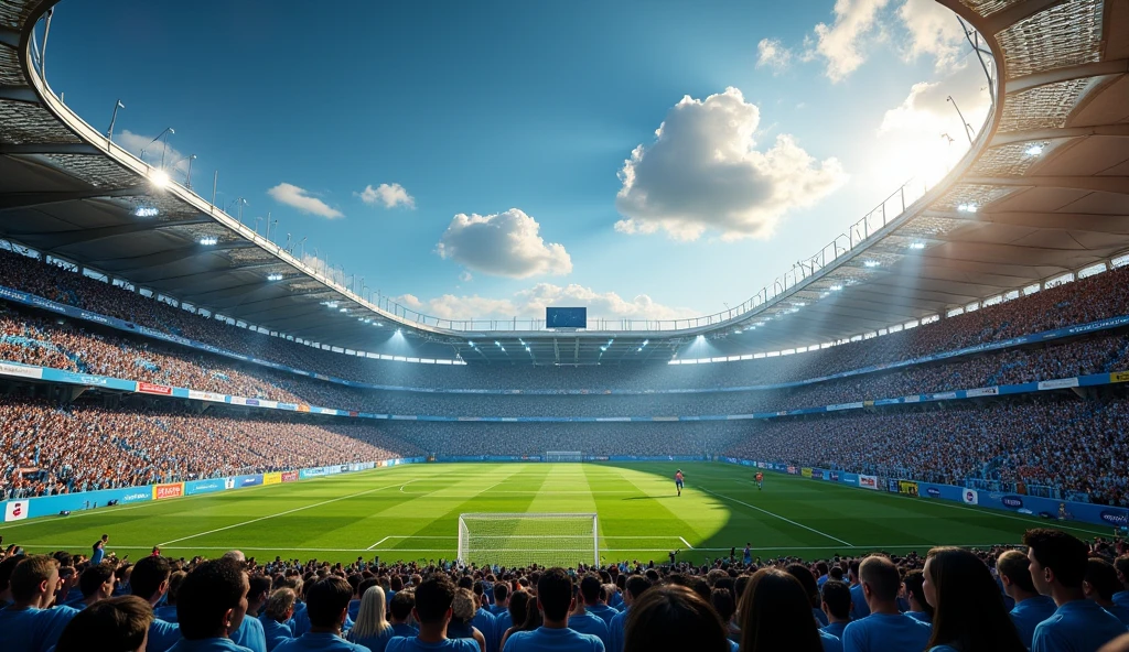 beautiful football stadium bleachers,argentinos e brazilian football fans,cheering crowd,exciting sports event,dynamic atmosphere,vibrant colors,dramatic lighting,realistic 3d rendering,4k,8k,highres,masterpiece,ultra-detailed,realistic,photorealistic,photo-realistic,HDR,UHD,studio lighting,ultra-fine painting,sharp focus,physically-based rendering,extreme detail description,professional,vivid colors,bokeh,hyper-realistic sports photography