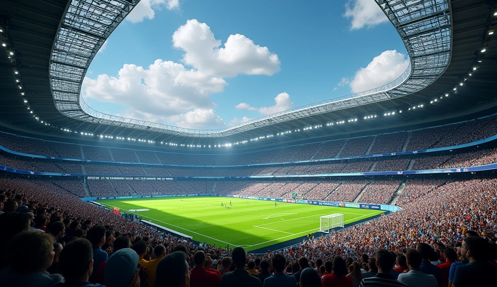 beautiful football stadium bleachers,argentinos e brazilian football fans,cheering crowd,exciting sports event,dynamic atmosphere,vibrant colors,dramatic lighting,realistic 3d rendering,4k,8k,highres,masterpiece,ultra-detailed,realistic,photorealistic,photo-realistic,HDR,UHD,studio lighting,ultra-fine painting,sharp focus,physically-based rendering,extreme detail description,professional,vivid colors,bokeh,hyper-realistic sports photography