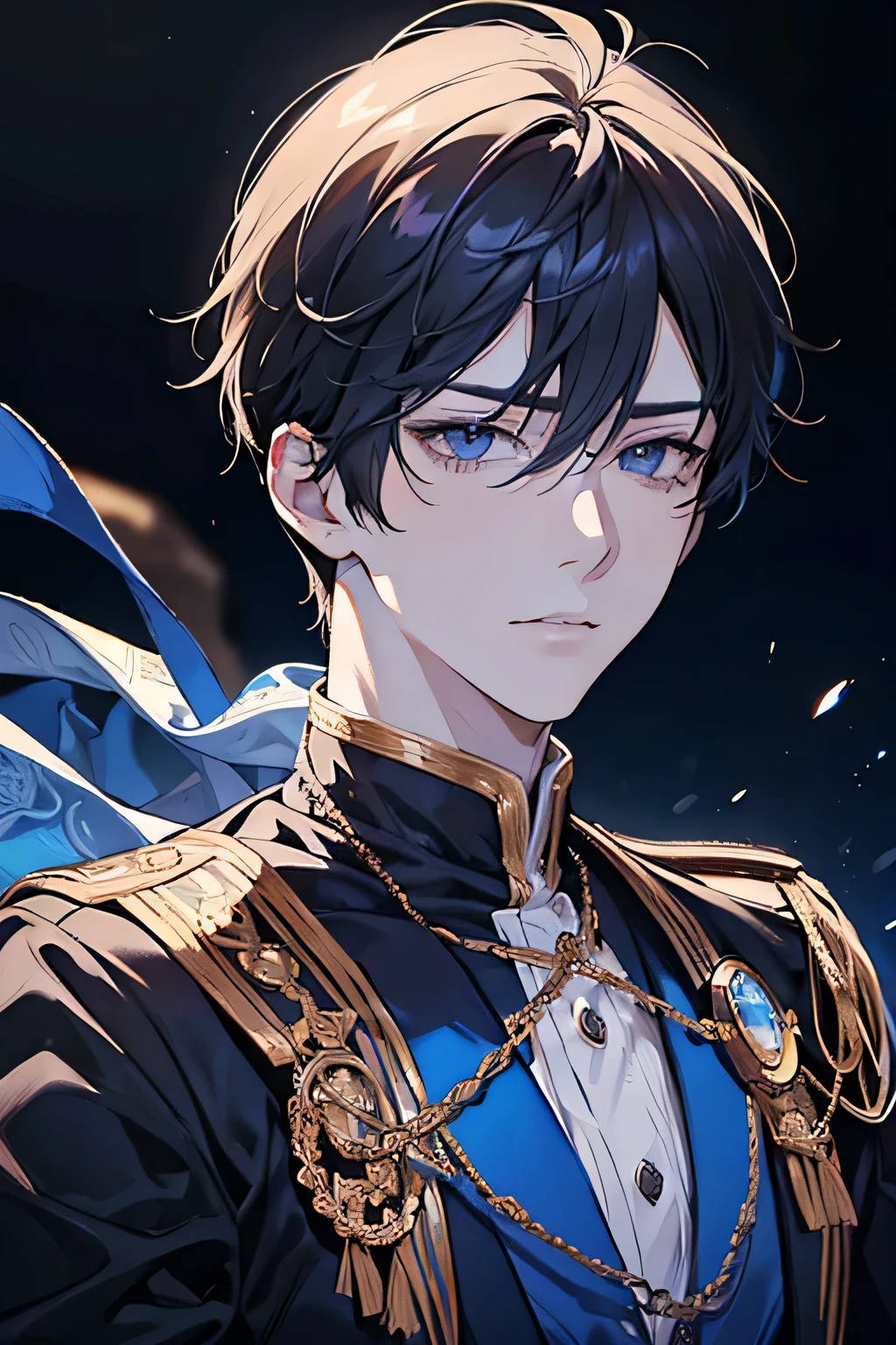 (tmasterpiece, high resolution, ultra - detailed:1.0), (1boy, adult male), Perfect male body,Eyes look at the camera, (prince:1.3), Delicate eyes and delicate face, Extremely detailed CG, Unity 8k wallpaper, Complicated details, solo person, Detailed face, (White royal costume, with short golden hair, Blue eyes, Sad expression),palace, color difference, Depth of field, dramatic shadow, Ray tracing, Best quality, Portrait