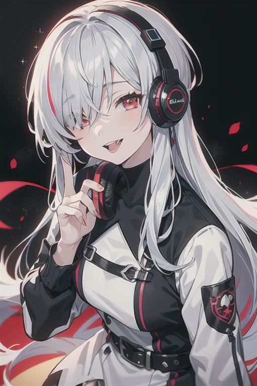 One Girl, Silver Hair, Red eyes, Sticking out tongue, High resolution, masterpiece, Highest quality, Very detailed, Shortcuts, Hair that hides one eye, Light blue headphones,Crazy Smile,, Tsundere, Bright red eyes, Double teeth, Anime Style, Gentle colors, There's no light in my eyes,Pitch Black Night,A city without electricity,Crimson Moon