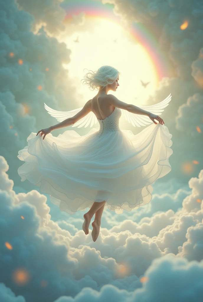A whimsical dancer gracefully poised in mid-movement, a white fairy, dress is wavy. Her head is pure white. The background is a lush, enchanted sky island with a clouds and rainbow, soft sunlight filtering through the canopy, and a carpet of clear and calm cloud with rainbow underfoot. The scene is serene yet full of life, capturing the magic of enchanted sky."