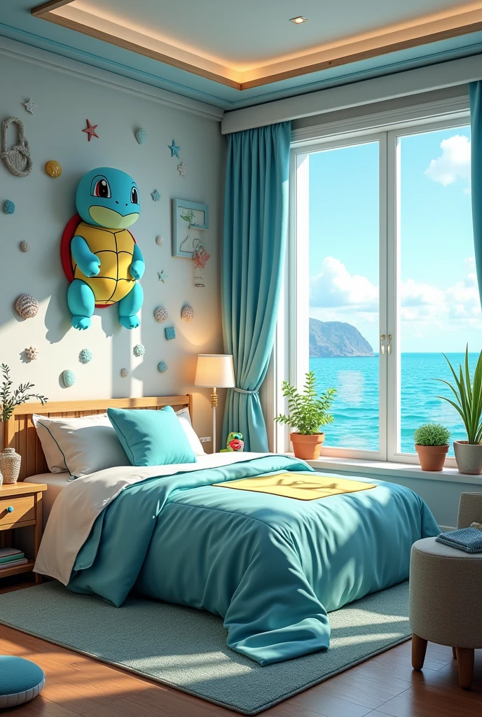 Squirtle theme based bedroom with sea view