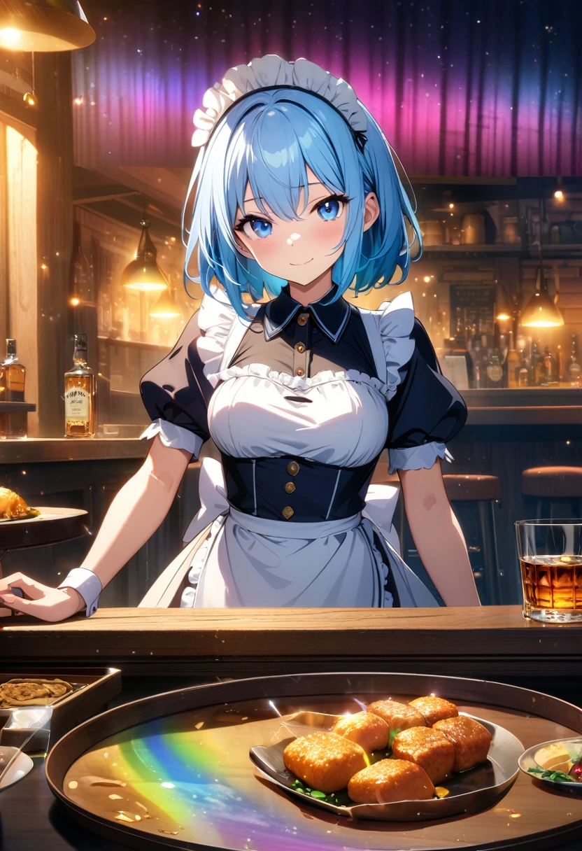 (wallpaper 8k CG), (masterpiece:1.4), (best quality), anime style, drawn, (maid), ((blue maid costume)), (((pale blue hair))), (blue eyes)(smile), (whisky, on a tray)), ((food, on the table)), ((Inside a Western restaurant)), (insanely detailed), (gold light effects:1.5), (looking at viewer:1.2), (rainbow aurora night sky,effects:1.3), (luminous particles:1.5),