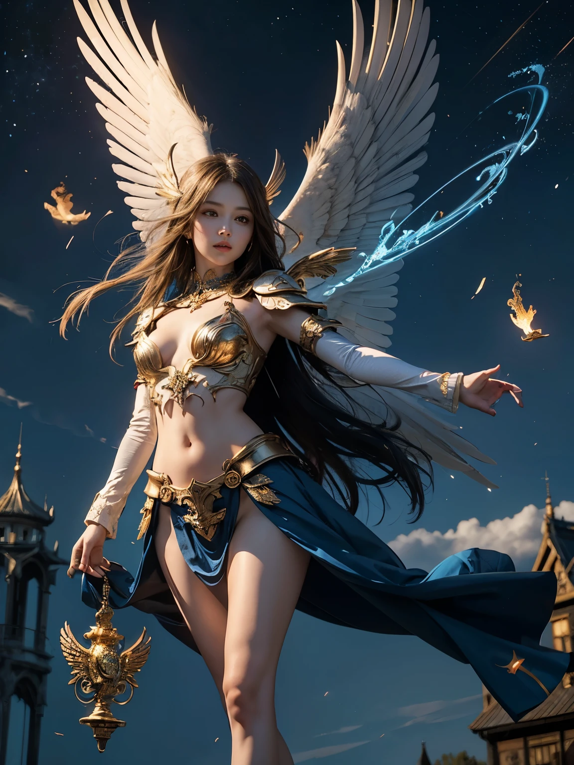 (masterpiece, highest quality, Realistic photos), ((Angel floating in the air;1.4)), A very cute Japanese woman, A complex copper and brass mechanical armor with a Hawk and eagle motif., Beautiful big angel wings, (The wings are symmetrically paired;1.5), ((Carrying an aura of bright blue flame)), White tone, A little bit of blue and red and yellow accents, Angel falling from the sky, floating in the sky, Extremely intricate details, Posing on the medieval castle walls at sunset, Long Shot, narrow body, hourglass body, medium breasts, thin waist, flat belly, Thin and beautiful thighs, beautiful legs,