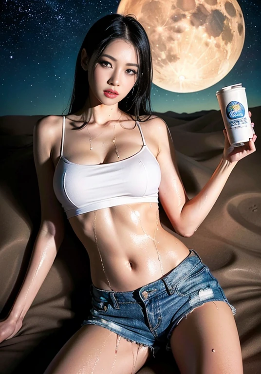 (((Aerial Photography))), (((The desert in the background is reminiscent of Mad Max.))) , (((night))), (((Starry sky and moon))),A boldly composed photograph of a Japanese woman that looks like it was taken by a famous artistic photographer, (((Blockbuster art photography)), (8k, Highest quality). A stunning composition using a model with excellent proportions. Perfect beauty model with a confident and balanced appearance, ((Highest quality質)), ((masterpiece)), (Familiar:1.4), ((Highest quality質のリアルな写真)), ((Shot with Hasselblad)), ((Best photo quality)), Beautiful womanの画像,Super Resolution,Slim and perfectly proportioned, Beautiful woman, ((Highest quality質, 8k, masterpiece: 1.3)), Beautiful woman, 1 female, Slim figure: 1.1, Perfect beauty, 20-year-old, (Realistic: 1.4), Ahegao, Shining Sweat, thin, Art photo composition with space around the woman, See through, Full body photo, Anatomically correct hand, Anatomically correct legs, anatomically correct whole body, White camisole and shorts. Cowboy Shot, (((Holding your crotch with your hand))). Spread your legs, Drinking Calpis while showering, Nipples are protruding,, (((My camisole is wet with Calpis))), (((Being drunk))), (((Drooling))), (((Lying on one's back))), (((The background is a vast desert landscape))), (((night))), (((Starry sky and moon))), (((The desert in the background is reminiscent of Mad Max.)))) , (((Aerial Photography))), (((smile)))
