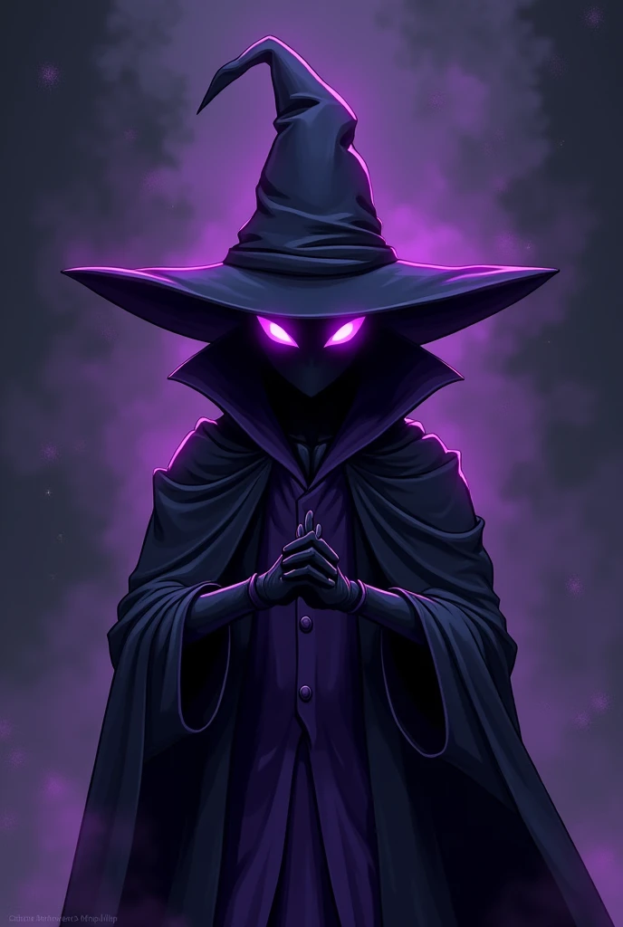 Black mage, No Mouth, Completely pitch black skin, Purple blank eyes, Purple and Black Attire, Male, Black Mage, Cartoony, Wizard Hat, No Nose, 