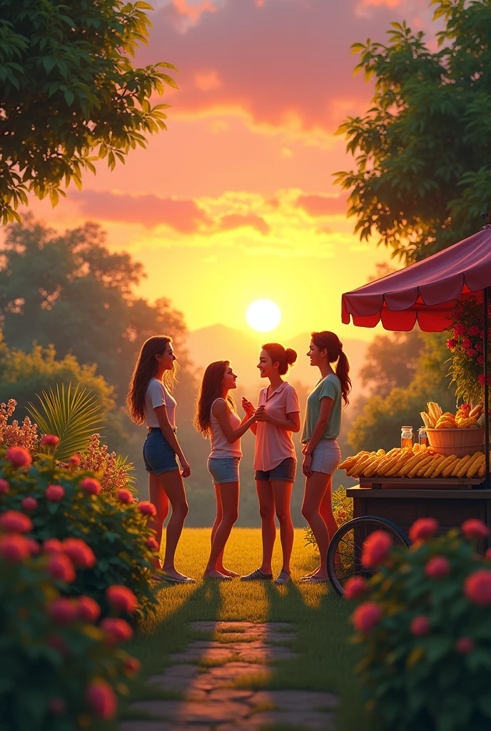Friends photo gossiping in the garden with sunset scene and the garden has small stall of sweet corn.