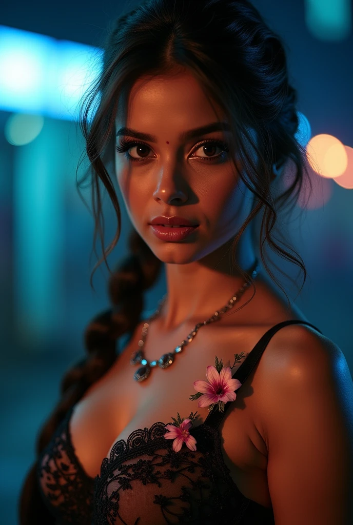 Samantha Ruth Prabhu indian actress Celebrity night scene, extreme closeup photo samantha ruth prabhu with blue eyes, hourglass figure, swooping breasts, showing deep cleavage, french braid hair, necklace, sexy see through bra and saree, pink flower, sultry, look at viewer lusciously,