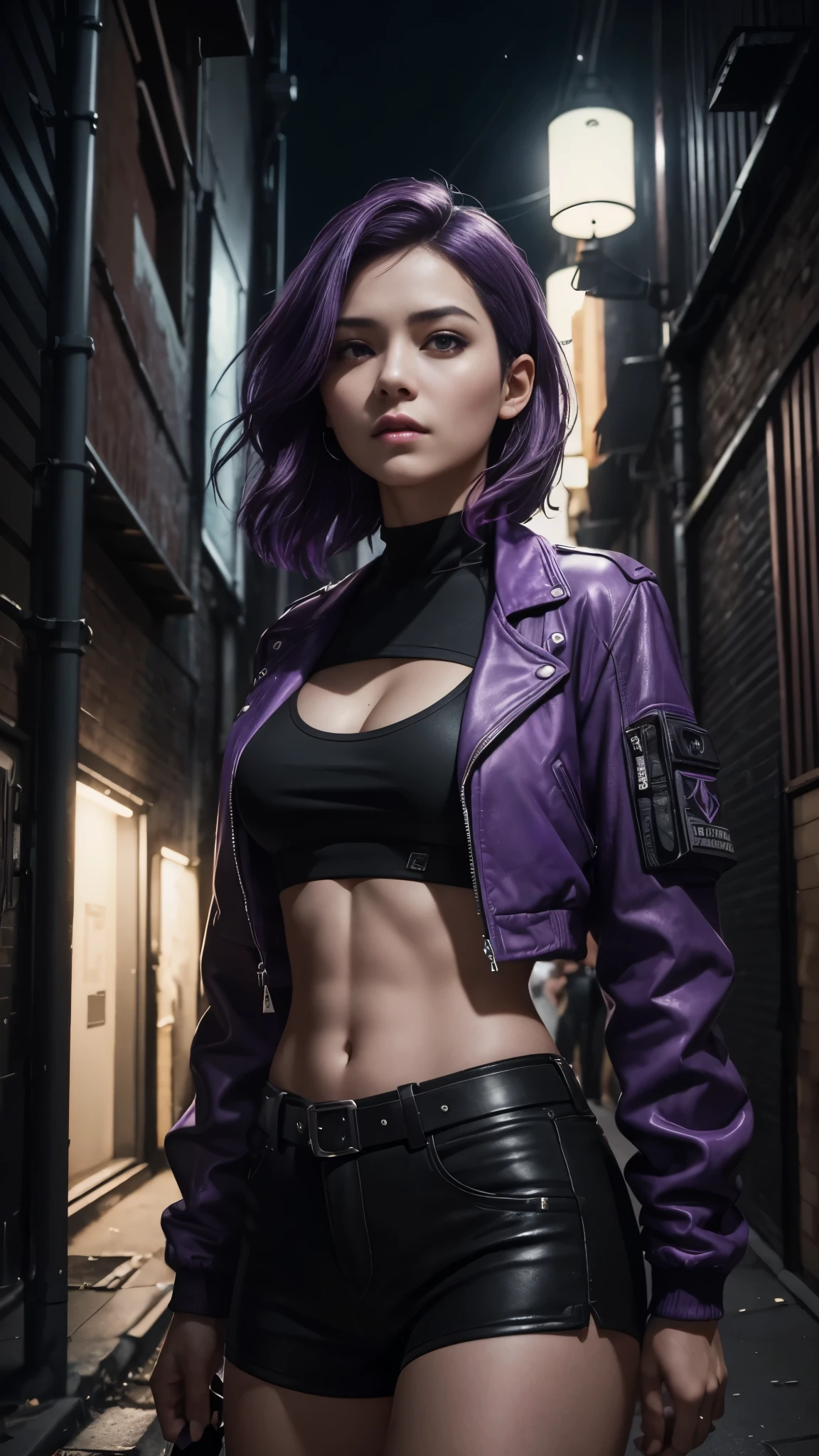 (A Rebel 30-Year-Old Female Resistance Leader), (Short Wavy Violet Hair), (Dark Purple Eyes), (Fair Skin), (Wearing Violet Resistance Member Jacket and Black Crop Top), (Dystopian Rural City Alleyway at Night), (Dynamic Pose), Waist Up Shot, View From Front, Ambient Lighting, Photo Realism, Intricate Face Detail, Intricate Hand Details, Vibrant Colors, Highly Detailed, Picture Taken with Sony A7RIV, with Sony 16-35mm f/4 Lenses, Cinematic, High Definition, Trending on Artstation--style raw
