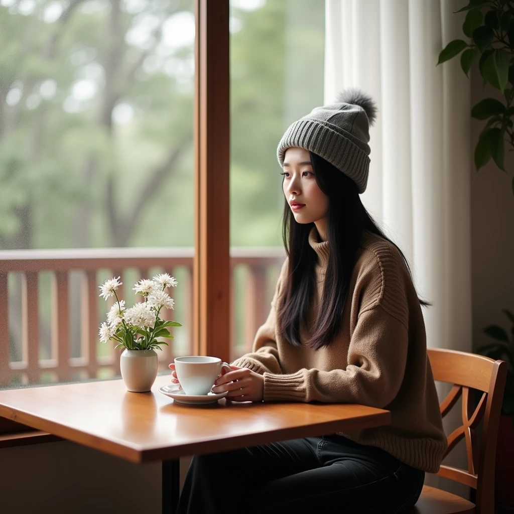 High Resolution, Masterpiece, Accurate, Best Quality, Detail, High Details, High Quality, Realistic photo, High Angle. A 2 Indonesian wife, wearing a gray beanie, a brown sweater, black jeans, long dark hair, white skin, height: 155 cm, weight: 45 kg. The image shows a young woman sitting at a wooden table in front of a window of cafe. She is wearing a gray beanie and a brown sweater. She has long dark hair and is holding a white cup of coffee in her hands. There is a small vase with white flowers on the table next to her. The window has white curtains and there is a wooden railing in the background. The overall mood of the image is peaceful and contemplative.