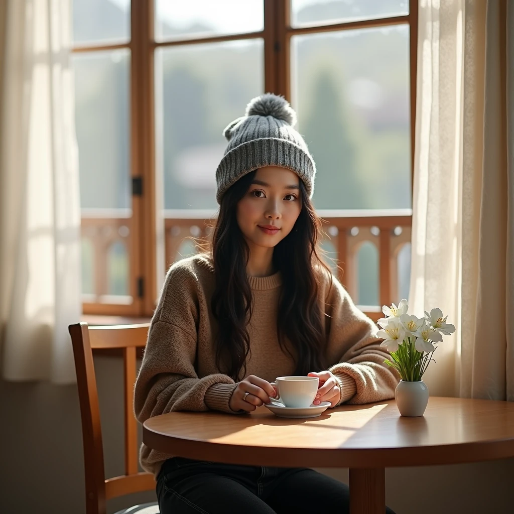 High Resolution, Masterpiece, Accurate, Best Quality, Detail, High Details, High Quality, Realistic photo, High Angle. A 2 Indonesian wife, wearing a gray beanie, a brown sweater, black jeans, long dark hair, white skin, height: 155 cm, weight: 45 kg. The image shows a young woman sitting at a wooden table in front of a window of cafe. She is wearing a gray beanie and a brown sweater. She has long dark hair and is holding a white cup of coffee in her hands. There is a small vase with white flowers on the table next to her. The window has white curtains and there is a wooden railing in the background. The overall mood of the image is peaceful and contemplative.