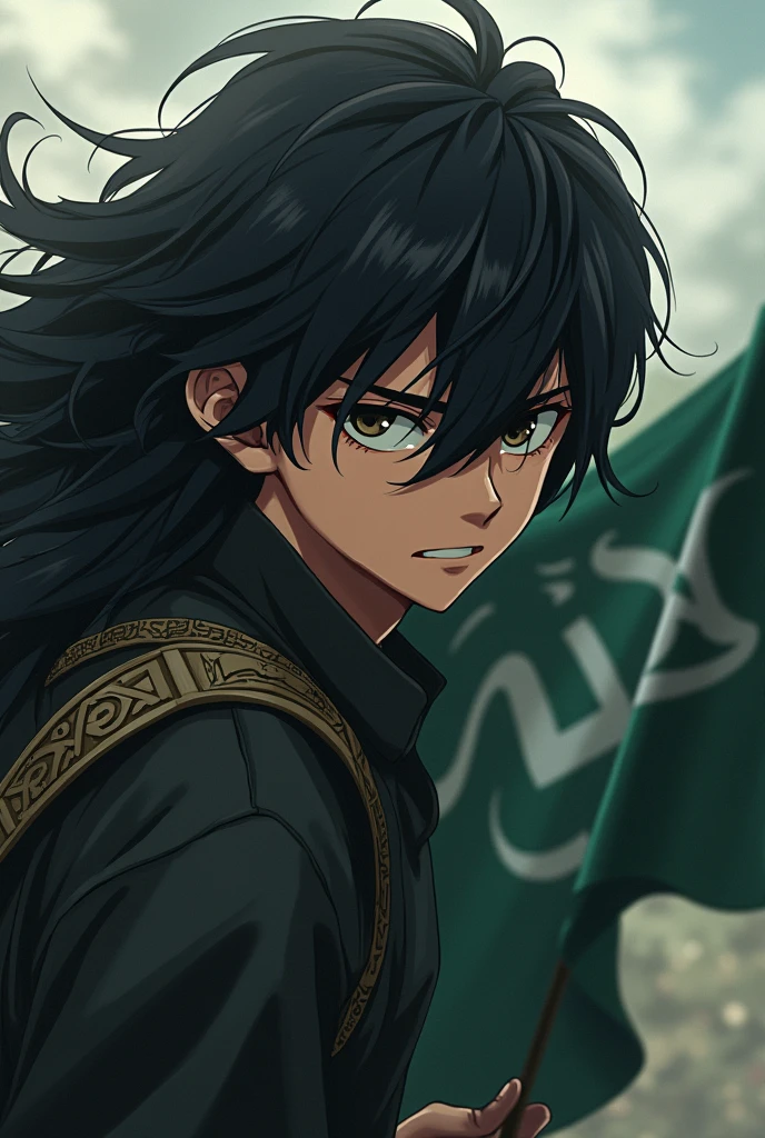 A anime boy. He is also muslim His face was turned to the left and he was giving a killer look. His hair was long and thick and was touching his face. (He was holding a big Islamic flag in one hand and the ending point of that flag was on the right.)