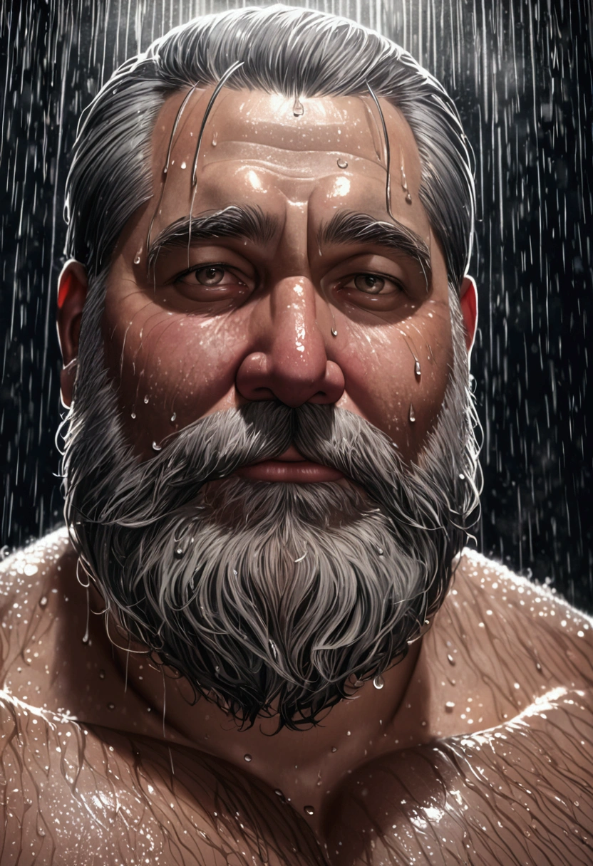 a sensual portrait of a chubby man in his 50s with gray hair and beard, naked and wet in a shower, extremely detailed, high quality, photorealistic, 8k, dramatic lighting, sensual, intimate, muscular, hairy, wet skin, steam, water droplets