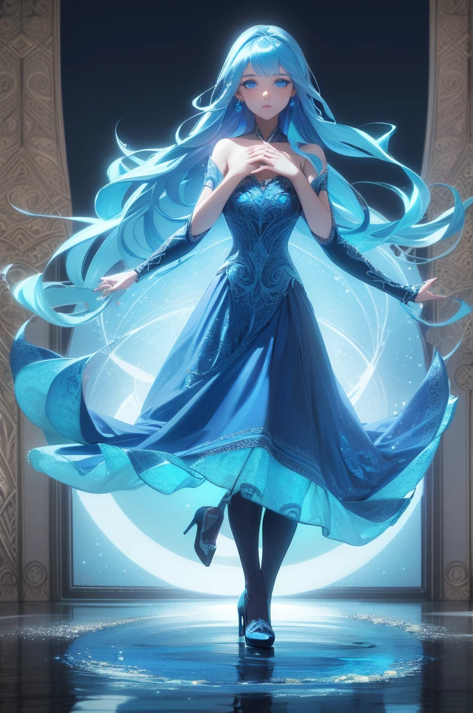 a beautiful girl with blue eyes and hair, creating and levitating a water sphere above her hand, wearing a blue dress, tights and high heels, (best quality,4k,8k,highres,masterpiece:1.2),ultra-detailed,(realistic,photorealistic,photo-realistic:1.37),intricate details,dramatic lighting,cinematic,fantasy,magical realism,hyper detailed,vibrant colors,ethereal,elegant,graceful,whimsical,flowing water,water manipulation,levitation,blue dress,blue eyes,blue hair,high heels,tights, realistic face