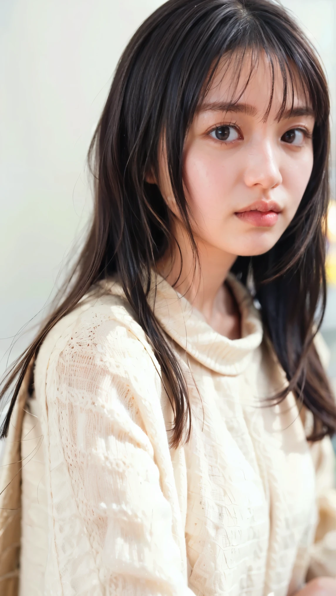 (knitwear), (top-quality, masterpiece:1.3, Super high resolution), (Photorealsitic:1.4, RAW shooting), Ultra-realistic capture, A highly detailed, high-definition 16K for human skin, Wistful, A skinny Japanese woman, 30 years old, cute face, ((Sadness face)), detailed face, detailed eyes, ((correct anatomy)), A dark-haired, Middle hair, ((Background of the sea in a starry night)), (((looking up afar at starry sky))), hair blowing in the wind