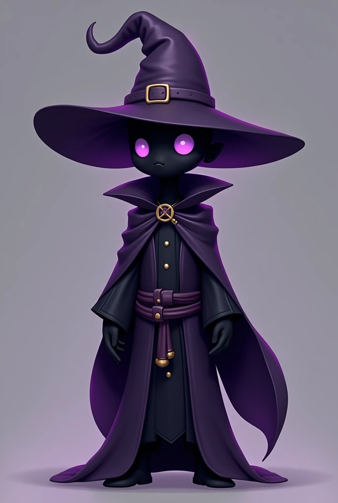 Black mage, No Mouth, Completely pitch black skin, Purple small blank eyes, Purple and Black Attire, Male, Black Mage, Cartoony, Wizard Hat, No Nose,