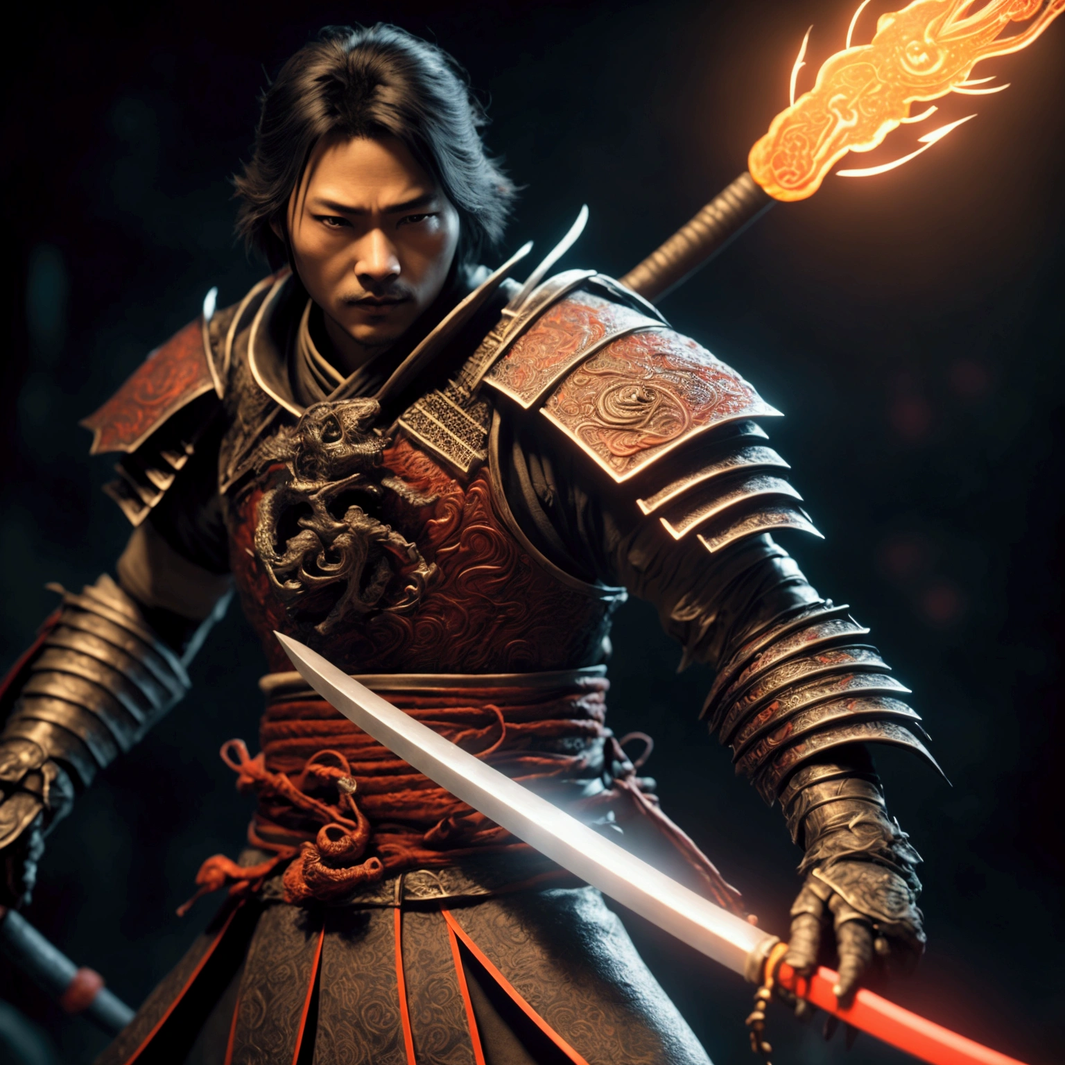 A blood moon samurai holding a magical katana with fire powers, intricate japanese engraved blade, glowing red hot edge, stylish katana hilt with dragon motif, dramatic red and orange flames surrounding blade, beautiful japanese calligraphy, ancient samurai warrior holding katana, epic fantasy concept, detailed 8k, cinematic lighting, unreal engine, highly detailed, photorealistic, photorealistic, hyper realistic, intricate details, high resolution, high quality, cinematic, depth of field,