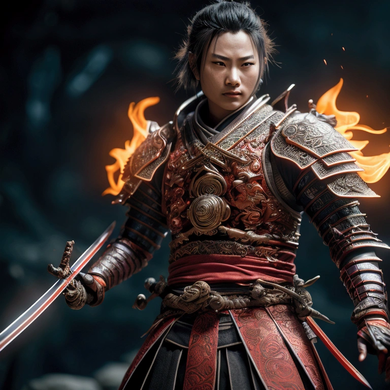 A blood moon samurai holding a magical katana with fire powers, intricate japanese engraved blade, glowing red hot edge, stylish katana hilt with dragon motif, dramatic red and orange flames surrounding blade, beautiful japanese calligraphy, ancient samurai warrior holding katana, epic fantasy concept, detailed 8k, cinematic lighting, unreal engine, highly detailed, photorealistic, photorealistic, hyper realistic, intricate details, high resolution, high quality, cinematic, depth of field,