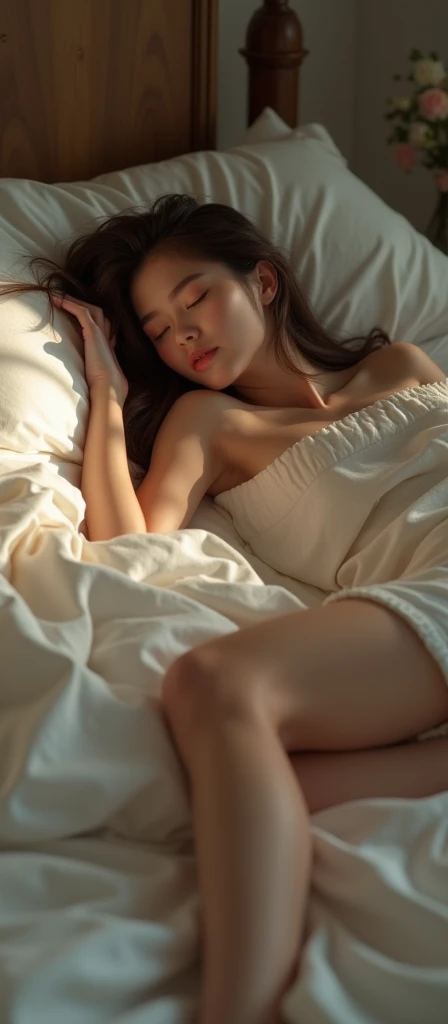 A beautiful girl sleeping on the bed, full body view, sexy, legs are visible