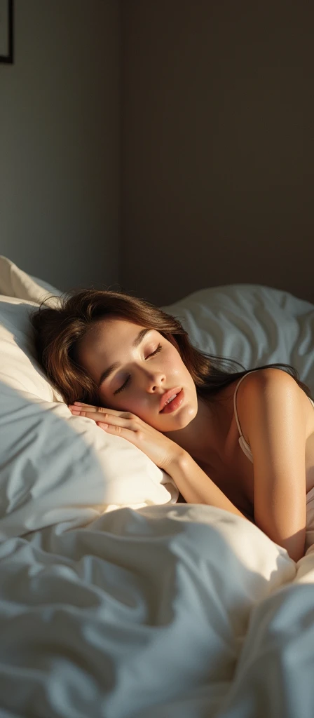 A beautiful girl sleeping on the bed, full body view, sexy, legs are visible