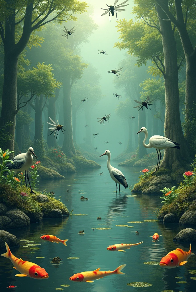 mosquito, mosquito larva, Dragonfly, diving beetle, water meter, water snail, pond frog, green frog, toad, triton, личинка tritonа, water snake, carp, Lin, Stork, grey duck, croaks.