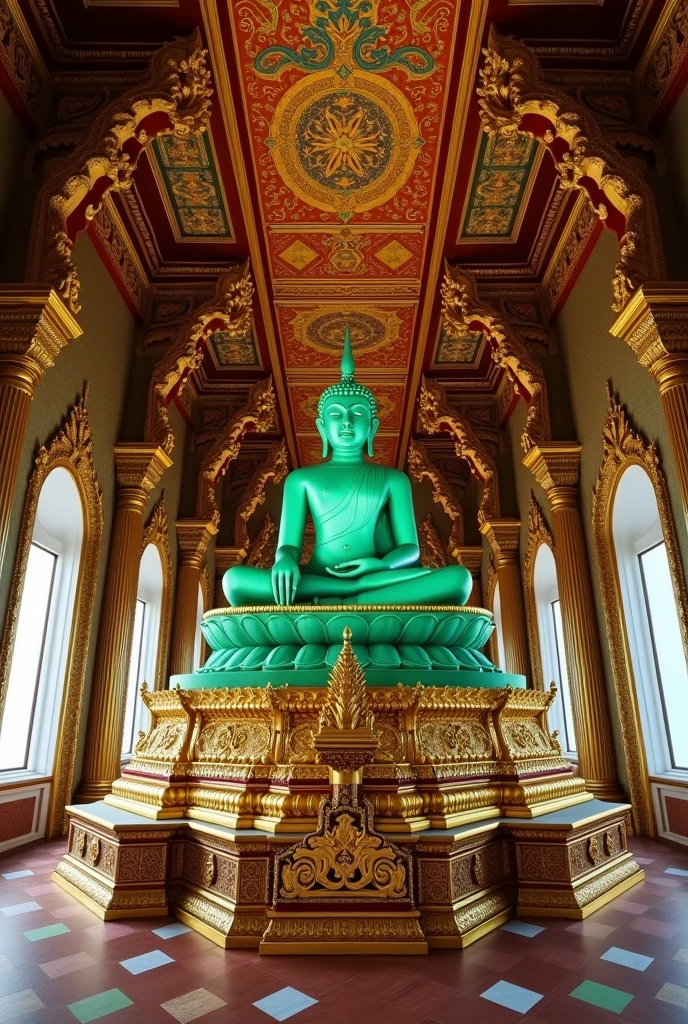 Inside Wat Phra Kaew, the Grand Palace in Bangkok, the sheer opulence and beauty of the interior is breathtaking. Ornate Thai architecture with elaborate carvings and gold leaf motifs decorates the walls and ceilings, while the intricate glass and mirrored tiles create a dazzling and luxurious atmosphere. The main attraction is the stunning Emerald Buddha, carved from a single block of jade, which is revered by the Thai people and is the most sacred Buddha image in Thailand.