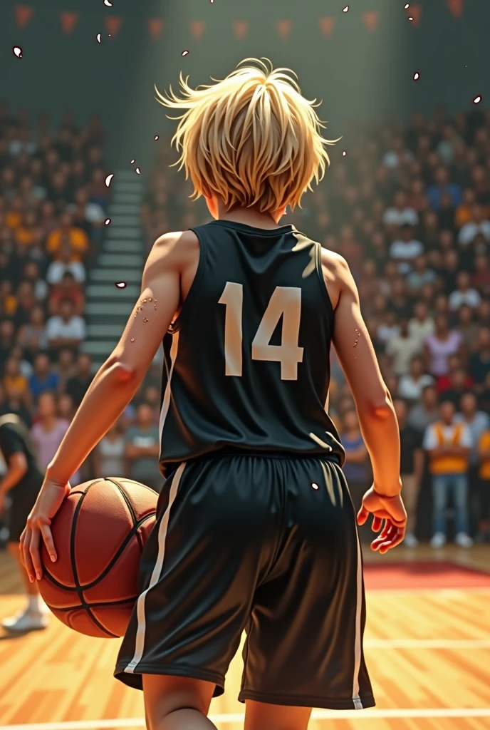 basketball、gym、Number 14、Name AN、Uniform black、A lively girl、Short Hair、Only the nape of the neck is blonde、Sweat、energy、cool、Real、4K、Dashing、Back view