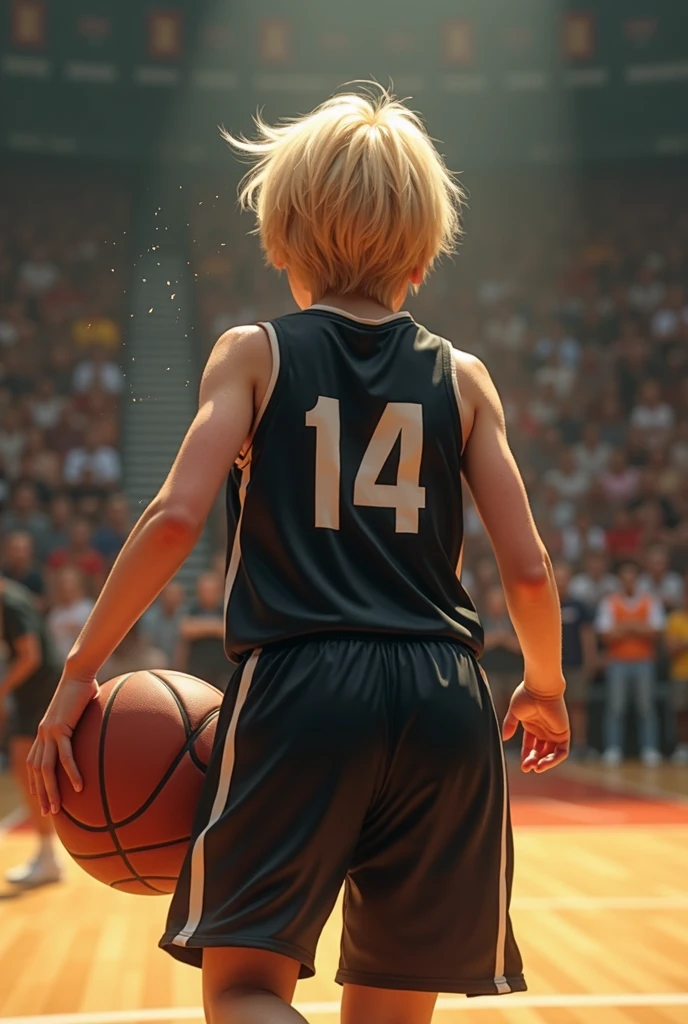 basketball、gym、Number 14、Name AN、Uniform black、A lively  girl、Short Hair、Only the nape of the neck is blonde、Sweat、energy、cool、Real、4Ｋ、Dashing、Back view