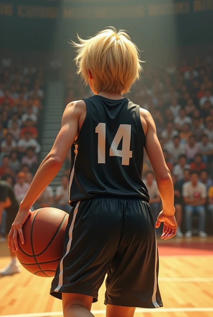 basketball、gym、Number 14、Name AN、Uniform black、A lively girl、Short Hair、Only the nape of the neck is blonde、Sweat、energy、cool、Real、4K、Dashing、Back view