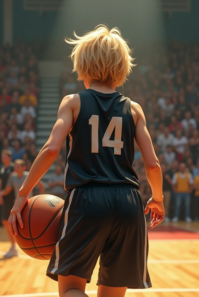 basketball、gym、Number 14、Name AN、Uniform black、A lively girl、Short Hair、Only the nape of the neck is blonde、Sweat、energy、cool、Real、4K、Dashing、Back view