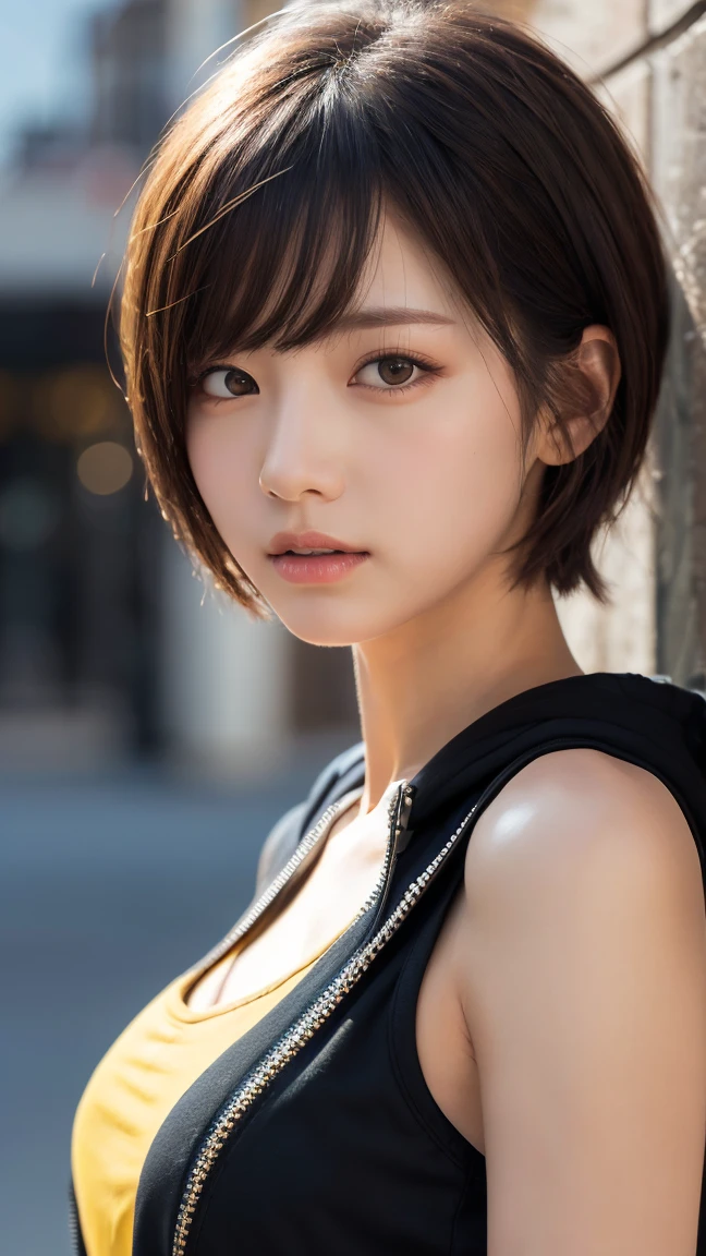 masterpiece, Highest quality, Very detailed, 8k, Realistic, One Girl, alone, Tomboy, Very detailed face, (head shot:1.5), Upper Body, silver pixie cut hair, She is wearing a short black tank top and an open-zipped yellow hoodie., Emphasise that you&#39;re not wearing a bra、Reaching into the pocket of a hoodie