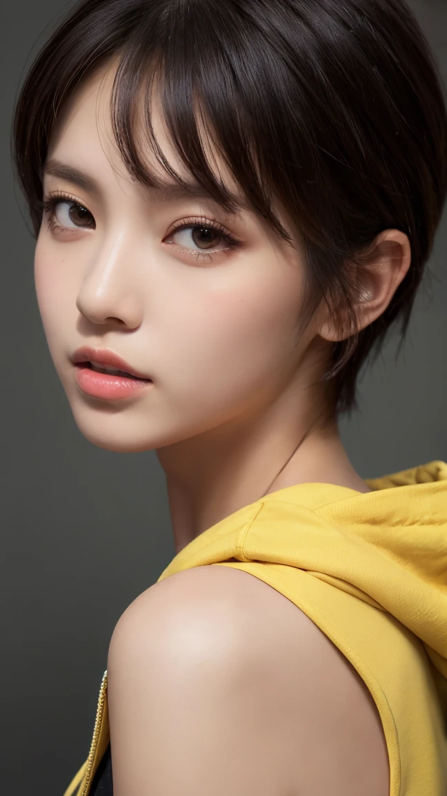 masterpiece, Highest quality, Very detailed, 8k, Realistic, One Girl, alone, Tomboy, Very detailed face, (head shot:1.5), Upper Body, silver pixie cut hair, She is wearing a short black tank top and an open-zipped yellow hoodie., Emphasise that you&#39;re not wearing a bra、Reaching into the pocket of a hoodie