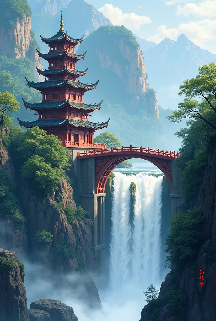 a painting of a bridge over a waterfall, by Qu Leilei, pixiv, digital painting of a pagoda, chinese classic painting, absolutely outstanding image