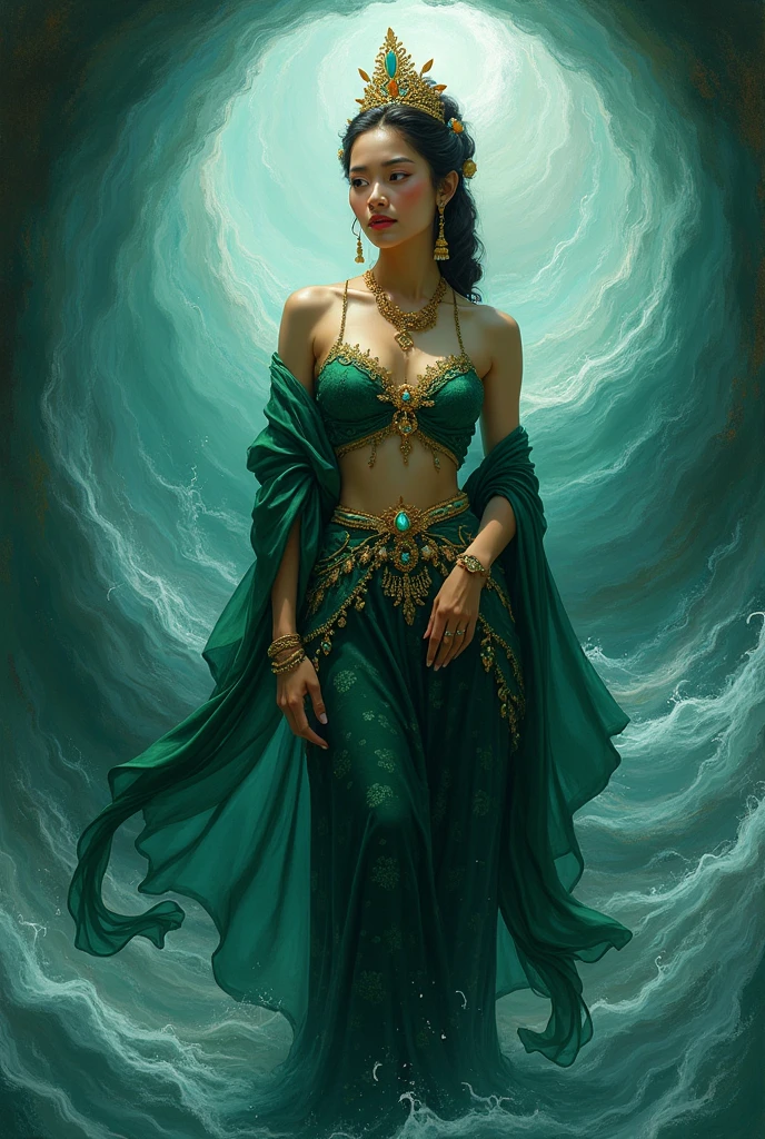 painting of Kanjeng Ratu Kidul in a green dress with a gold belt, portrait of a beautiful goddess, goddess of Southeast Asia, goddess of love and peace, beautiful goddess, a stunning portrait of a goddess, painting of beautiful, earth goddess mythology, goddess of nature, goddess art, Indonesian goddess of wealth, female goddess, fantasy woman, goddess of beauty, wearing a small gold crown with a crystal arrangement in the middle, dark green kemben (camisole) luxurious jewelry, dark green shawl and cloth skirt batik sarong, smooth green and white, standing on blue water with waves and with a dramatic effect, surrounded by whirlpools, creating a mystical atmosphere, fractal art, bright and shining in the center with a dark background, water manipulation, intricate details, hyperrealistic, throughout body.UHD,HD,hyperdetail