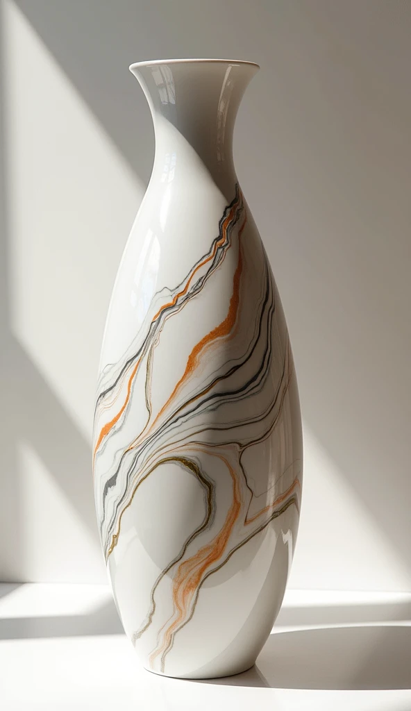 ceramic art works, tall vase with a random color marble pattern, shiny glossy, shadows, contrast, conceptual installation art, (ultra detailed, absolutely resolution, best quality:1.3), 2.5D, delicate and dynamic, lighting effects, artistic photography, hyper realistic, graphic CG digital art