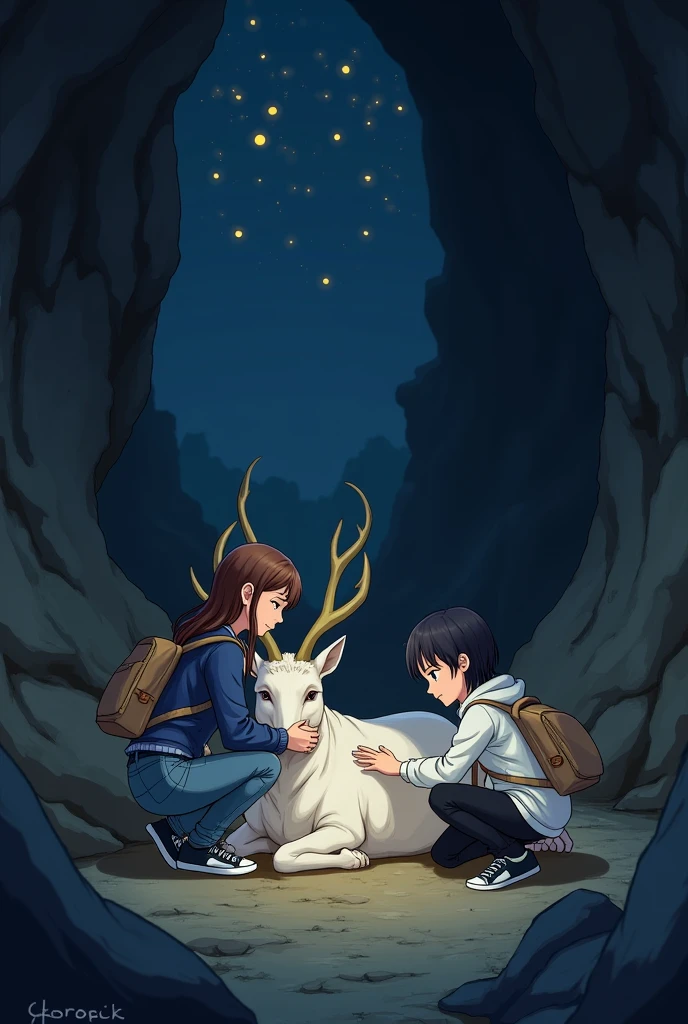 2 girls, one have long brown hair wearing blue shirt and jeans, other one have short black hair wearing white hoodie and black jean. both wearing black sneakers and carrying light brown backpack. A white fur creature, shaped like goat, big body, have deer's antler, sleeping on ground, inside dark cave, 2d style semi realistic, night time. The girls are treating the creature's wound.