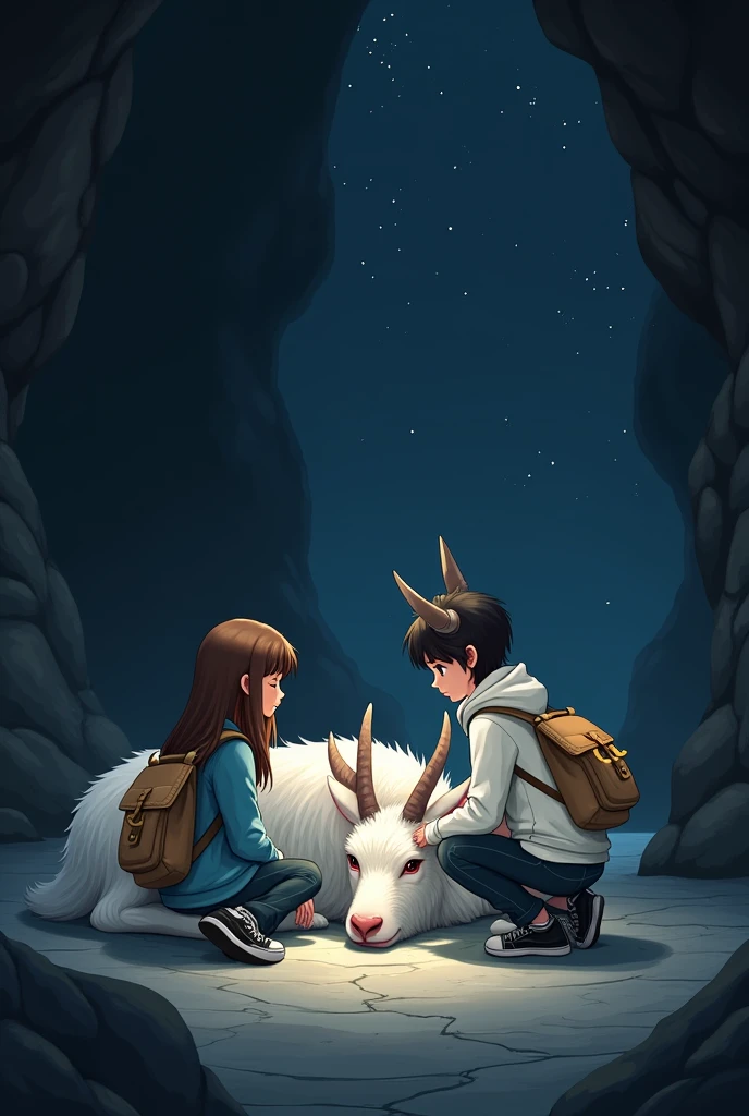 2 girls, one have long brown hair wearing blue shirt and jeans, other one have short black hair wearing white hoodie and black jean. both wearing black sneakers and carrying light brown backpack. A white fur creature, shaped like goat, big body, have deer's antler, sleeping on ground, inside dark cave, 2d style semi realistic, night time. The girls are treating the creature's wound.
