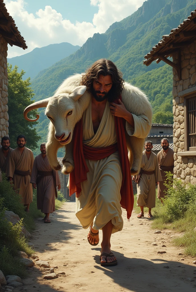 Real Jesus Christ struggling to carry a huge Giant Goat on his shoulder while climbing a dirt road in a mountainous village. The scene shows villagers watching him with curiosity and concern as he appears to be crying. The setting is a rustic village with traditional houses and green hills in the background."and he is crying. Water fals in his eays