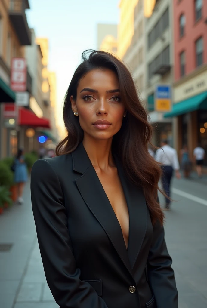 (8K, RAW photos, best quality, masterpiece: 1.2), (Practical, photoPractical: 1.37), 1 Woman in suit standing on the sidewalk, city View, sky, Sunny morning, Professional lighting, Photon Mapping, Radiosity, Brazilian woman, Tear, shirt, Woman in suit, Silk suit