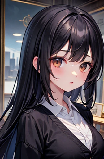 ((Highest quality)),(超High resolution),(Very detailed),(Detailed Description),((The best CG)),(A masterpiece of art),Ultra-detailed art,Amazing painting art,(Art with precise detail:1.5), Portraiture:1.6,Bust Shot:1.4,(1 female:1.5),Beautiful and well-proportioned face:1.5、 Japanese、girl,thin、Small face、Brown eyes、expensive、 High resolution,Black Hair、Long Hair、classroom、White blouse、(Black cardigan:1.2)、、Are standing、mature,Large Breasts