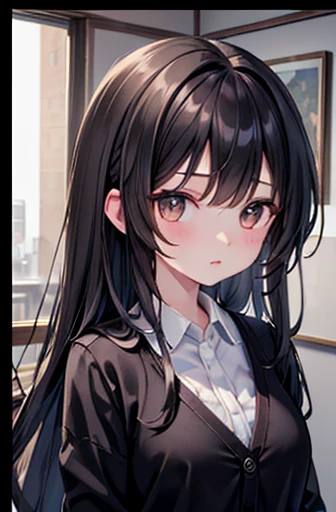 ((Highest quality)),(超High resolution),(Very detailed),(Detailed Description),((The best CG)),(A masterpiece of art),Ultra-detailed art,Amazing painting art,(Art with precise detail:1.5), Portraiture:1.6,Bust Shot:1.4,(1 female:1.5),Beautiful and well-proportioned face:1.5、 Japanese、girl,thin、Small face、Brown eyes、expensive、 High resolution,Black Hair、Long Hair、classroom、White blouse、(Black cardigan:1.2)、、Are standing、mature,Large Breasts