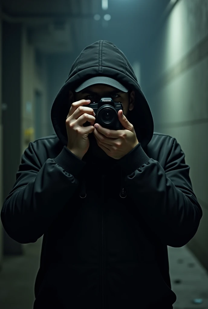 a mystery man wearing cap and hoodies with black colour jacket. take photo holding camera.  