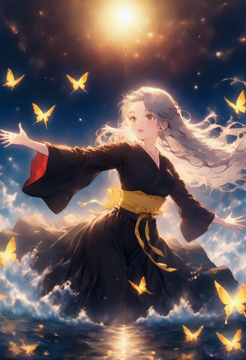 One woman,Gray Hair,Long Hair,Black kimono,Shoulder,Yellow belt,samurai Yellow butterfly,night,shoulder,old,garden,water surface dance,Blade of Darkness Japanese sword,Swing down,Slashing moon star Draw your sword Slashing Catch the wind autumn